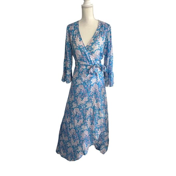 HANNAH Artwear Blue Floral 100% Silk Midi Wrap Dress One / Free Size - Picture 13 of 15